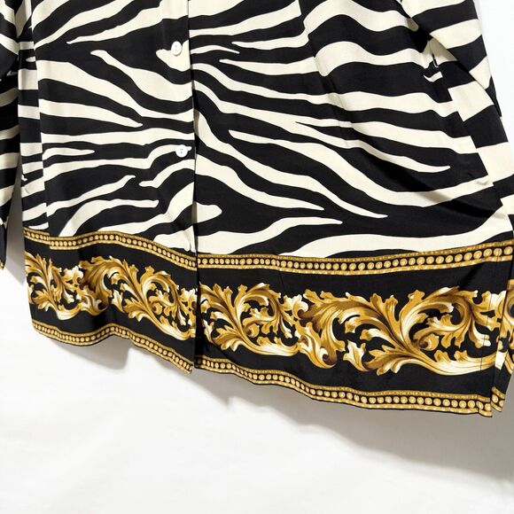 Linea Louis Dell’Olio 1X Silk Zebra Print Gold Trim Button Shirt Long Sleeve Top - Picture 4 of 11